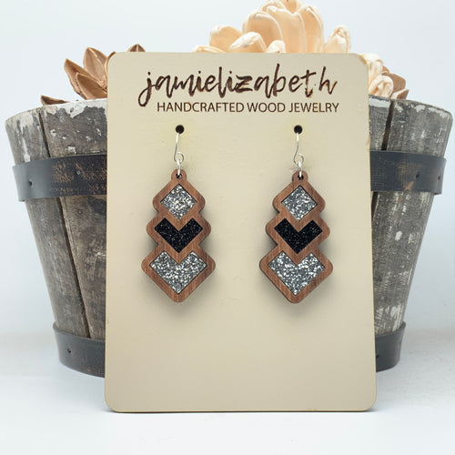 Silver and Black Sparkle Diamond Drops - Earrings