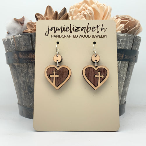 Heart Cross Hoop w/ Walnut and Maple - Earrings