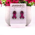 Bright pink awareness ribbon, ribbon dangle earrings with Walnut wood frames by Jamielizabeth