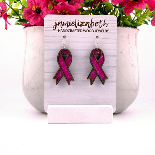 Bright pink awareness ribbon, ribbon dangle earrings with Walnut wood frames by Jamielizabeth