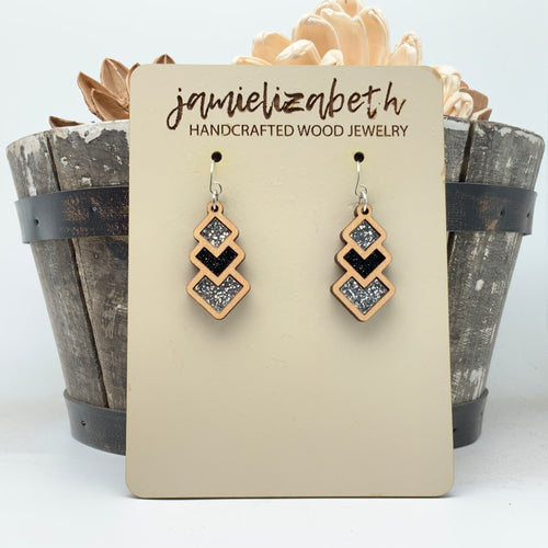 Silver and Black Sparkle Diamond Drops - Earrings