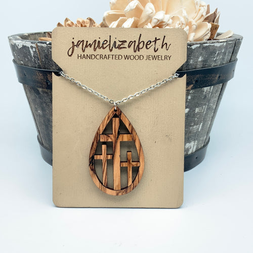 Triple Cross in Olivewood - Earrings and Necklace