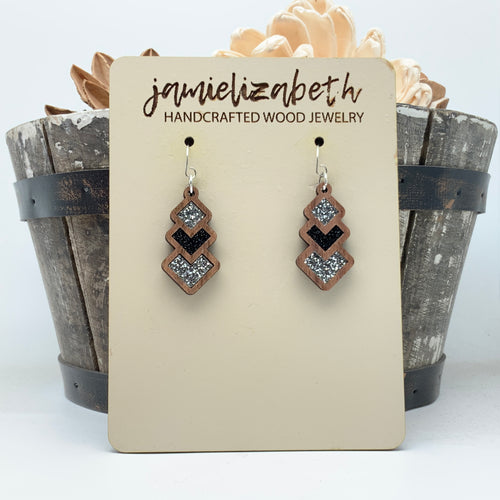 Silver and Black Sparkle Diamond Drops - Earrings