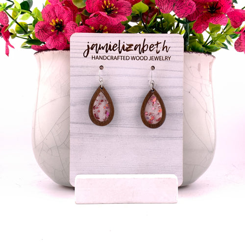 Pink flecks against a white background, teardrop earrings with Walnut wood frames by Jamielizabeth