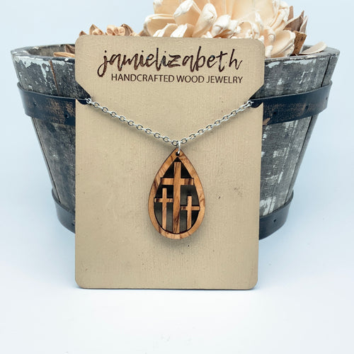 Triple Cross in Olivewood - Earrings and Necklace