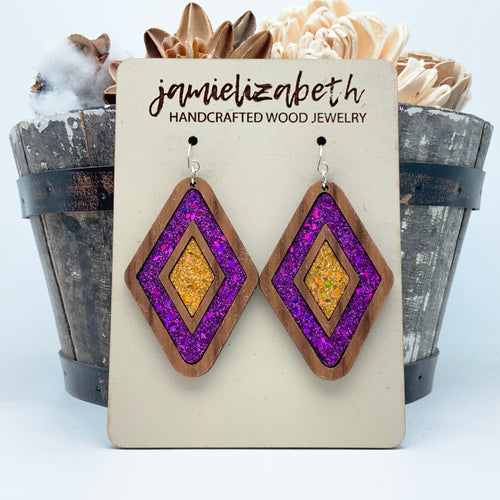 Purple and Gold Double Diamonds - Earrings