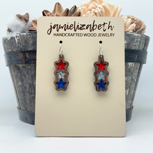 Sparkly Red White and Blue Stacked Star - Earrings