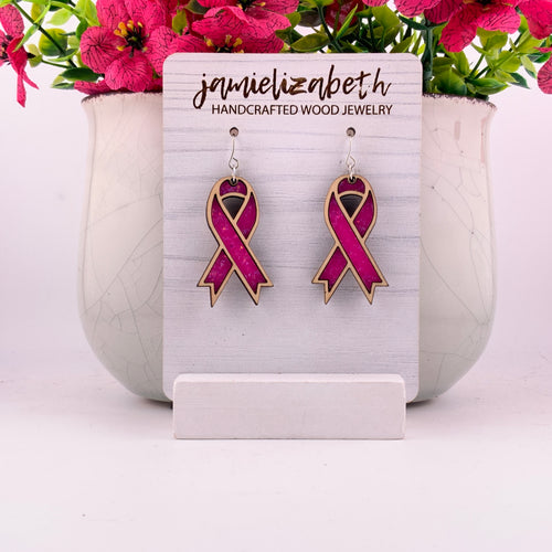 Bright pink awareness ribbon, ribbon dangle earrings with Maple wood frames by Jamielizabeth
