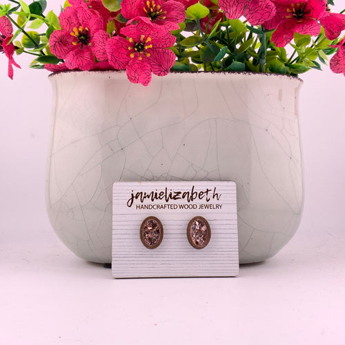 Chunky pink glitter flakes, oval stud earrings with Walnut wood frames by Jamielizabeth