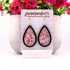 Pink flecks against a white background, teardrop earrings with Black wood frames by Jamielizabeth