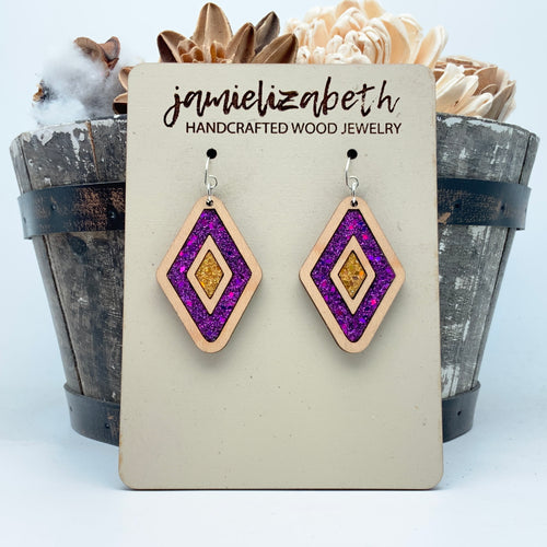 Purple and Gold Double Diamonds - Earrings