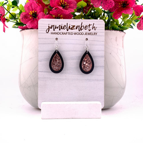 Chunky pink glitter flakes, teardrop earrings with Black wood frames by Jamielizabeth
