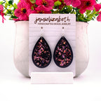 Pink flecks against a black background, teardrop earrings with Black wood frames by Jamielizabeth