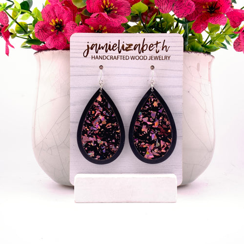 Pink flecks against a black background, teardrop earrings with Black wood frames by Jamielizabeth