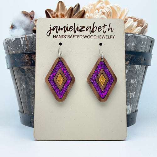 Purple and Gold Double Diamonds - Earrings
