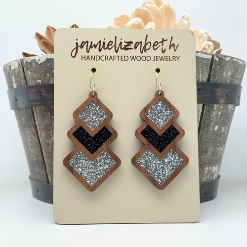 Silver and Black Sparkle Diamond Drops - Earrings