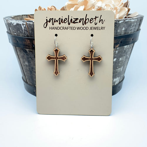 Wood Duo Cross - Earrings or Necklace