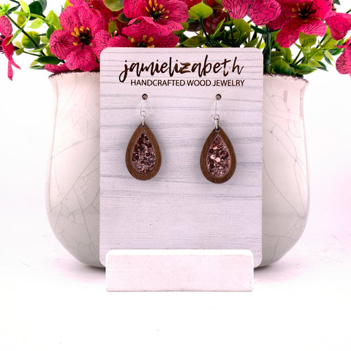 Chunky pink glitter flakes, teardrop earrings with Walnut wood frames by Jamielizabeth