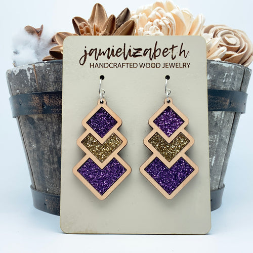 Purple and Gold Glitter Diamond Drops - Earrings