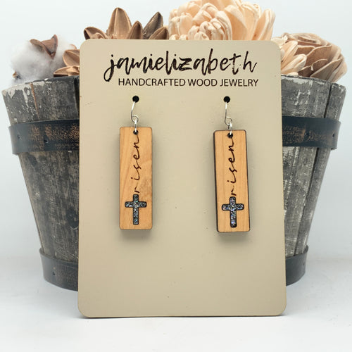 Olivewood Risen Cross Bars - Earrings