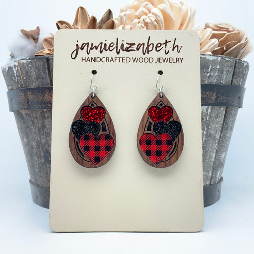 Triple Heart Red Plaid Acrylic - Earrings