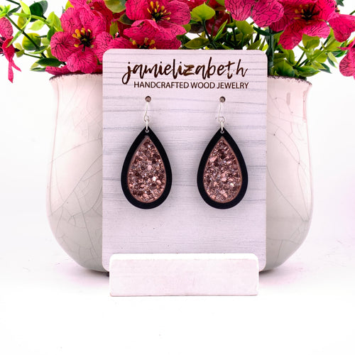 Chunky pink glitter flakes, teardrop earrings with Black wood frames by Jamielizabeth