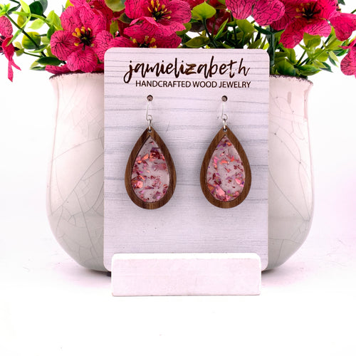 Pink flecks against a white background, teardrop earrings with Walnut wood frames by Jamielizabeth