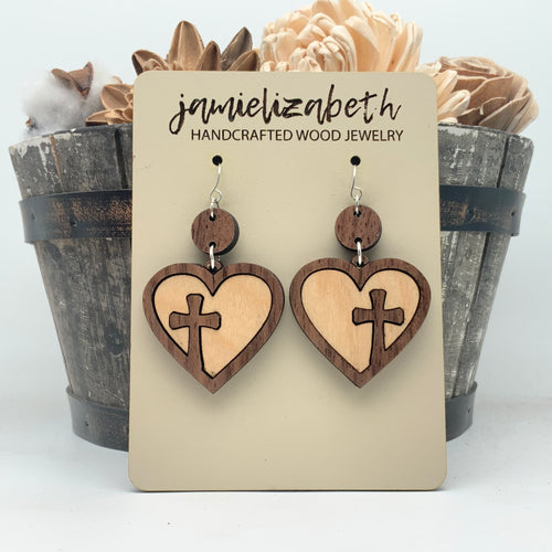 Heart Cross Hoop w/ Walnut and Maple - Earrings