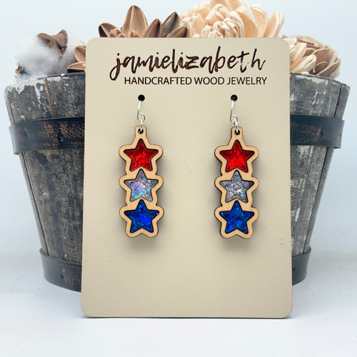 Sparkly Red White and Blue Stacked Star - Earrings