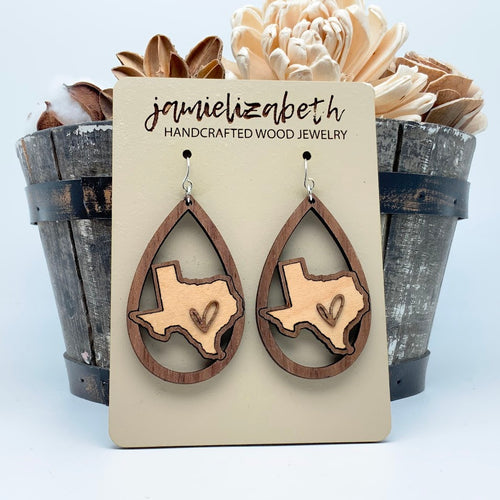Heart of Texas Earrings – Walnut & Maple Wood
