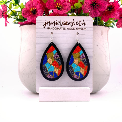 Coat of Many Colors Teardrop Earrings, large, shown in black wood
