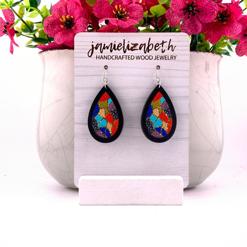 Coat of Many Colors Teardrop Earrings, medium, shown in black wood