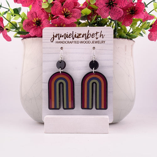 Harvest Horizon Dark large black wood rainbow earrings