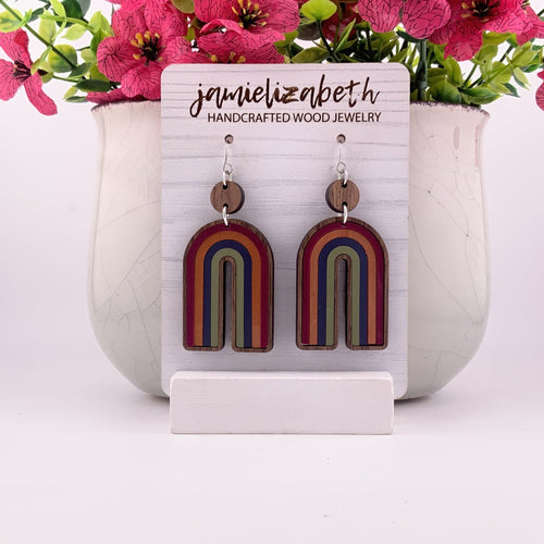 Harvest Horizon Dark large walnut wood rainbow earrings