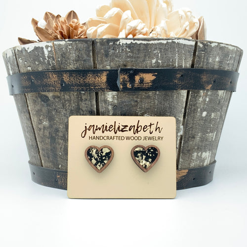 Black and Gold Fleck Heart Studs- Earrings