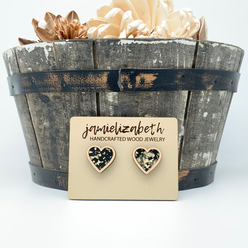 Black and Gold Fleck Heart Studs- Earrings