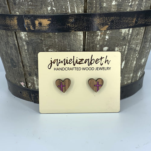 Heart-Shaped Studs with Painted Cross (multiple colors available)