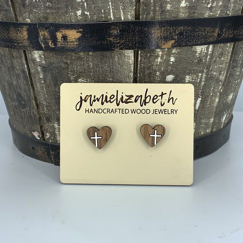 Heart-Shaped Studs with Painted Cross (multiple colors available)