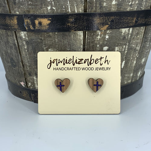 Heart-Shaped Studs with Painted Cross (multiple colors available)