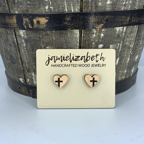 Heart-Shaped Studs with Painted Cross (multiple colors available)