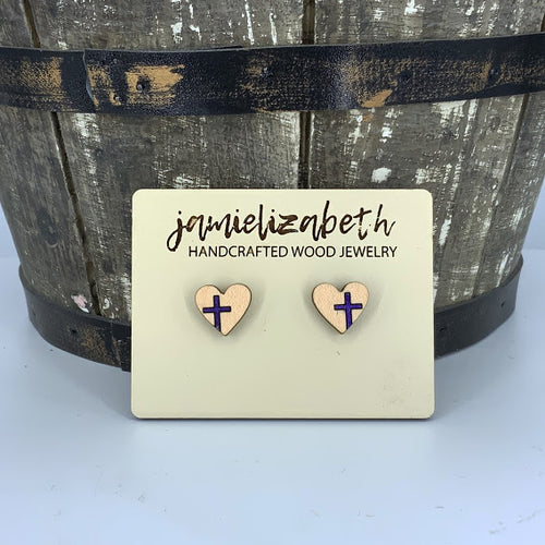 Heart-Shaped Studs with Painted Cross (multiple colors available)