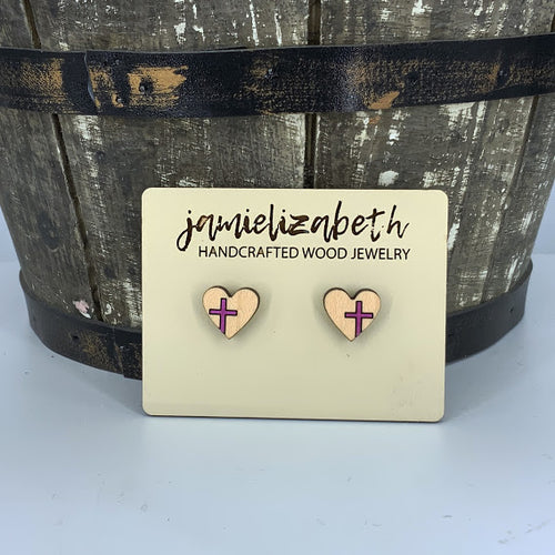 Heart-Shaped Studs with Painted Cross (multiple colors available)