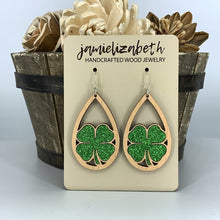 Load image into Gallery viewer, Green Glitter 4-Leaf Clover Earrings (Vault)

