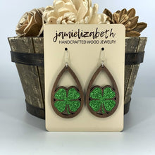 Load image into Gallery viewer, Green Glitter 4-Leaf Clover Earrings (Vault)
