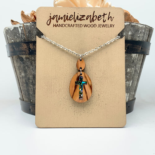 Rolling Stone - Confetti Glass Cross - Olivewood Earrings or Necklace