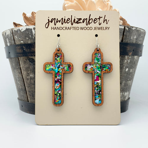 Confetti Glass - Tall Cross Earrings or Necklace