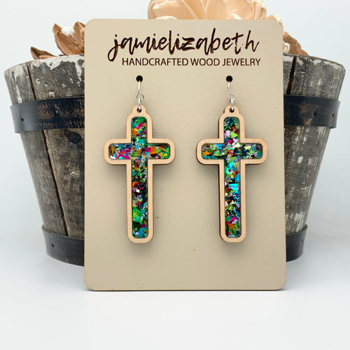 Confetti Glass - Tall Cross Earrings or Necklace