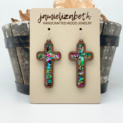Confetti Glass - Tall Cross Earrings or Necklace