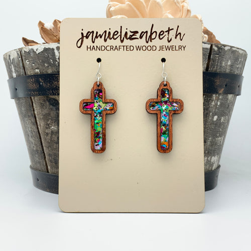 Confetti Glass - Tall Cross Earrings or Necklace