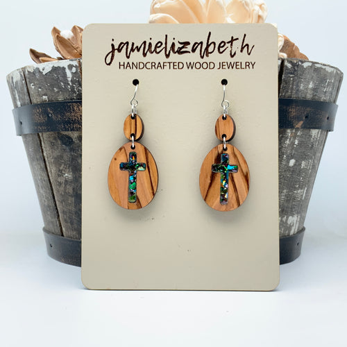 Rolling Stone - Confetti Glass Cross - Olivewood Earrings or Necklace